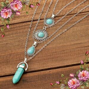 4pcs/Set Vintage Western Cowboy Style Faux Turquoise 4-Layer Pendant Necklace